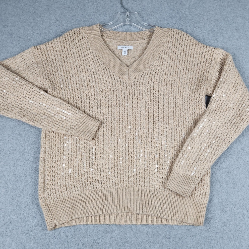 Nine West Sweater Womens XS Tan Sequin Ribbed Knit Slim Fit V-Neck Pullover‎